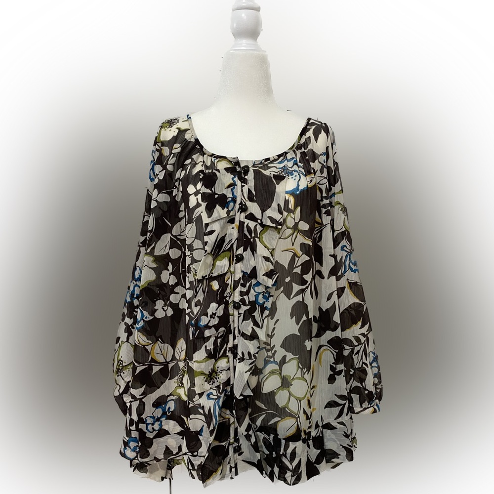 3X Susan Graver Style Elegant Boho Flower Print Ruffle Blouse Shirt